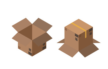 Carton packaging box. Isometric carton packaging box images with postal signs, this side up, fragile. Vector illustration.