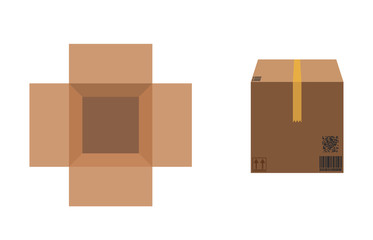 Carton packaging box. Isometric carton packaging box images with postal signs, this side up, fragile. Vector illustration.