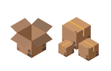 Carton packaging box. Isometric carton packaging box images with postal signs, this side up, fragile. Vector illustration.