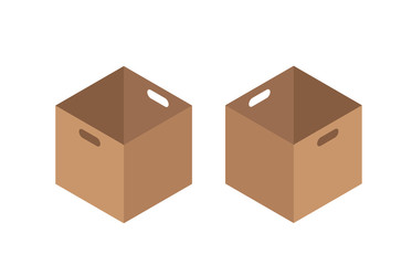 Carton packaging box. Isometric carton packaging box images with postal signs, this side up, fragile. Vector illustration.