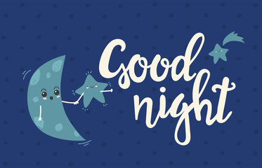 Good Night. Draw seamless pattern background with sky, emotion, stars, moon, luna and text, many details. Can use for printing, website, presentation element, textile. Vector illustration.