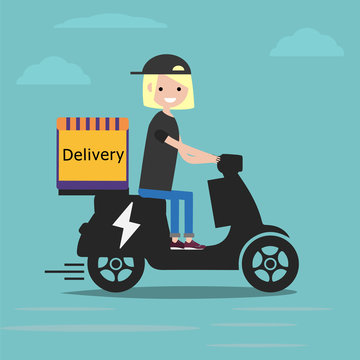 Young cartoon character on electric scooter delivery with parcel box on the back. Ecological city food delivering service concept with courier carrying package on modern city background.