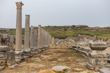 Historical site of Perge or Perga in Antalya, Turkey. Vast remains of prosperous Roman city. Ancient Perge city existed from X century before Christ till VIII of our era. 