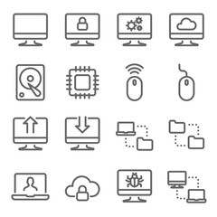 Computer Technology Vector Line Icon Set. Contains such Icons as CPU, Hard disk, Synchronize, network and more. Expanded Stroke