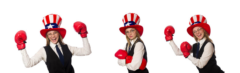 Woman with boxing gloves isolated on white