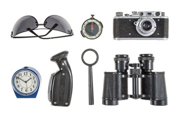 Objects for travel in the recent past, isolated on white background.