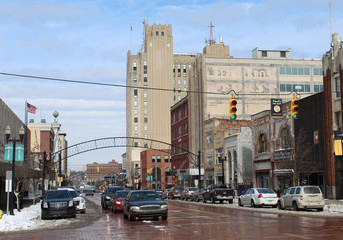 Saginaw Street in downtown Flint, Michigan in winter