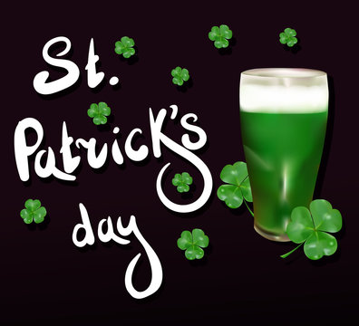 Invitation to St. Patrick's Day. Shamrock, green beer, lettering. Saint Patrick's day set. Vector 3d realistic illustration.