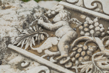 Historical site of Perge or Perga in Antalya, Turkey. Vast remains of prosperous Roman city. Antique sculpture and art. Ancient Perge city existed from X century before Christ till VIII of our era. 