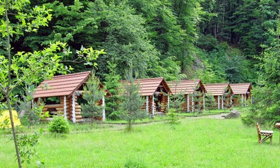 wooden cottage in forest in summer with green grass on back yard and forest in background