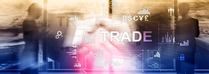 Stock trading candlestick chart and diagrams on blurred office center background.