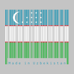 Barcode set the color of Uzbekistan flag, blue white and green stripes, separated by two narrow red stripes. A crescent and three rows of twelve stars.