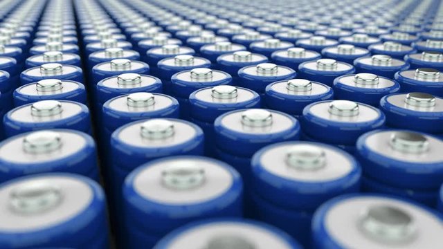 Field of batteries. Transportation of electricity. Loop video. Electricity storage and accumulation concept. Green energy concept