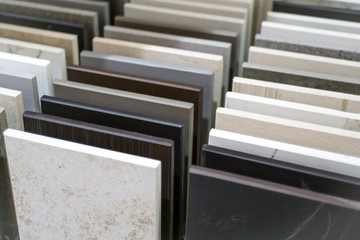 Close up of stone kitchen countertop samples