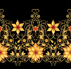 3d rendering. Golden stylized flowers, delicate shiny curls, paisley element, seamless pattern.