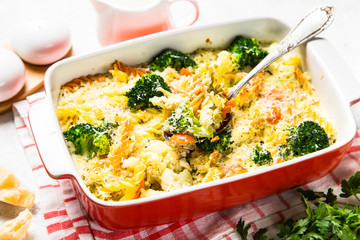 Casserole from pasta and vegetables in baking dish.
