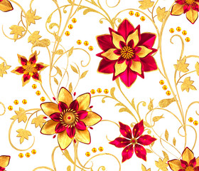 3d rendering. Seamless pattern. Golden textured curls. Oriental style arabesques, stylized flowers, delicate shiny swirl, paisley element, shining background.