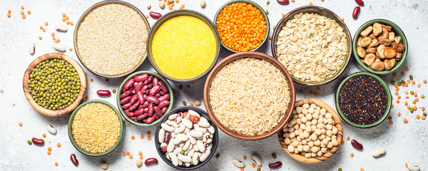 Grains, Legumes, and beans assortment top view.