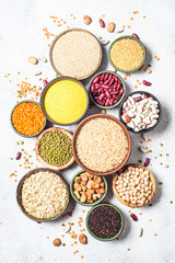 Grains, Legumes, and beans assortment top view.