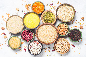 Grains, Legumes, and beans assortment top view.