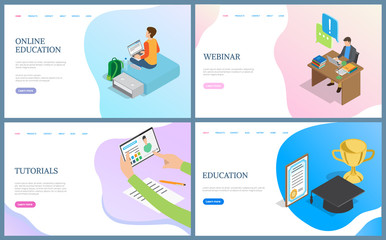 Obraz na płótnie Canvas Education and tutorials, webinar web pages. Person working with laptop, using tablet. Website, online learning concept, rewards of graduating vector. Template landing page in flat