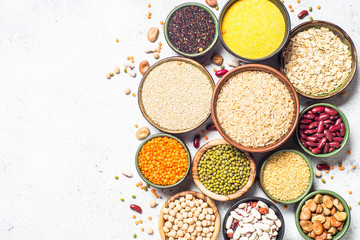 Grains, Legumes, and beans assortment top view.