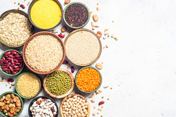 Grains crop, legumes, and beans assortment top view.