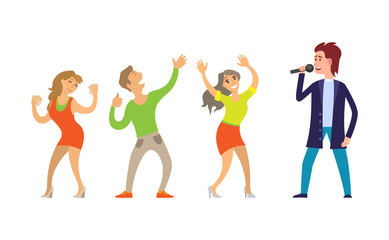 Musician giving performance for people dancing on music vector. Partying in club, clubbing male and females, couple and woman dancers relaxing together