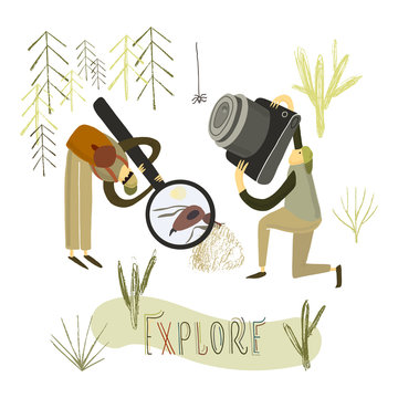 Two guys explore the nature. Hand drawn stylized people.