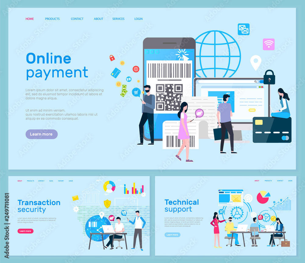 Poster online payment and transaction security, technical support vector. smartphone and computer, laptop a