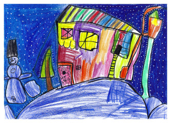 Winter night landscape with snowman, house, lantern. Imitation of children's drawing. Pencils and liners.