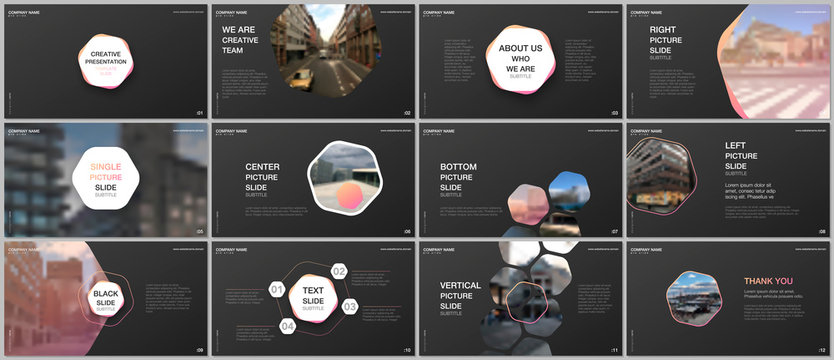 Minimal presentations design, portfolio vector templates with hexagons and hexagonal elements. Multipurpose template for presentation slide, flyer leaflet, brochure cover, report, advertising.