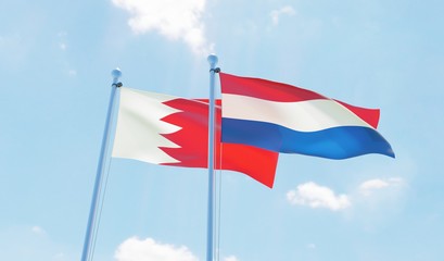 Netherlands and Bahrain, two flags waving against blue sky. 3d image
