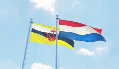 Netherlands and Brunei, two flags waving against blue sky. 3d image
