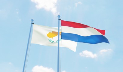 Netherlands and Cyprus, two flags waving against blue sky. 3d image