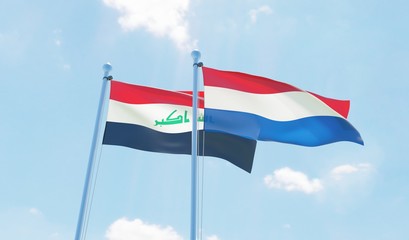 Fototapeta na wymiar Netherlands and Iraq, two flags waving against blue sky. 3d image