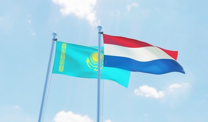 Netherlands and Kazakhstan, two flags waving against blue sky. 3d image