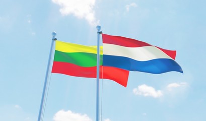 Fototapeta na wymiar Netherlands and Lithuania, two flags waving against blue sky. 3d image