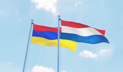 Netherlands and Armenia, two flags waving against blue sky. 3d image