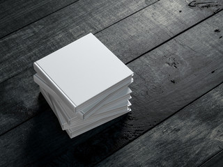 Stack of Square white Books Mockup with hard cover on wooden table