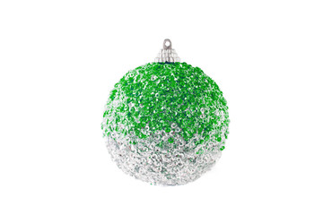 Christmas decor. Green ball of sequins on white background.Isolated