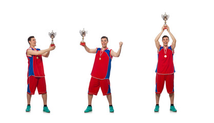 Young sportsman with cup isolated on white 