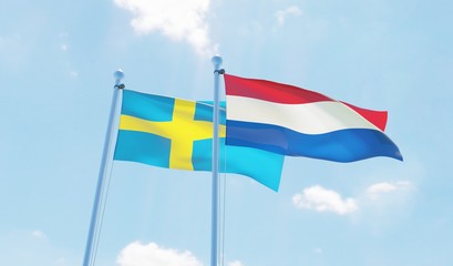 Netherlands and Sweden, two flags waving against blue sky. 3d image
