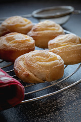 Small vaanilla snails with icing sugar on a cake rack