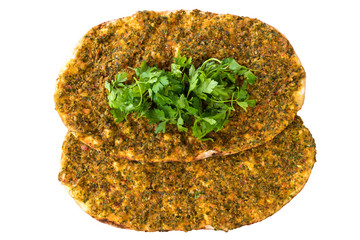 Traditional Turkish food Lahmacun isolated on white. Also Known Turkish Pizza.	
