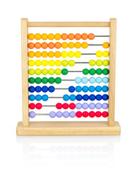 Wooden colorful abacus for kids isolated on white background with shadow reflection. Counting frame toy.