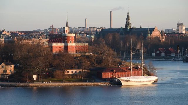 View over boats and islands in Stockholm a spring day	in solstice