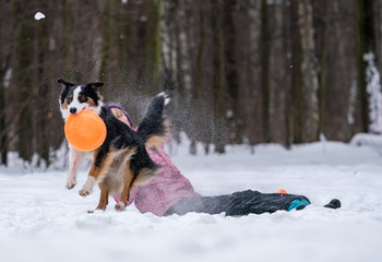 girl playing frisbee in the snow with a border collie dog