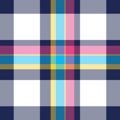 Tartan seamless plaid pattern in blue, pink, dark blue, yellow and white combination for textile design