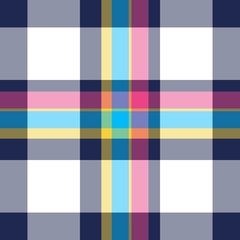 Tartan seamless plaid pattern in blue, pink, dark blue, yellow and white combination for textile design